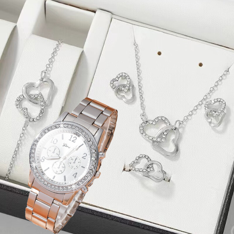 New 6PCS Set Rose Gold Luxury Watch Women Ring Necklace Earring Rhinestone Fashion Wristwatch Casual Ladies Bracelet Watches