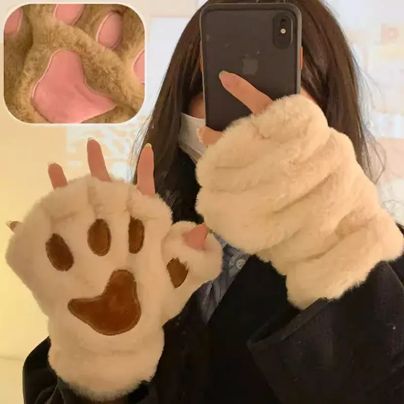 Damskie dziewczęce pazur pazur pluszowe rękawiczki ciepłe miękki pluszowy krótkie puszyste niedźwiedzie rękawiczki dla kota kostium pół palca prezent na przyjęcie
