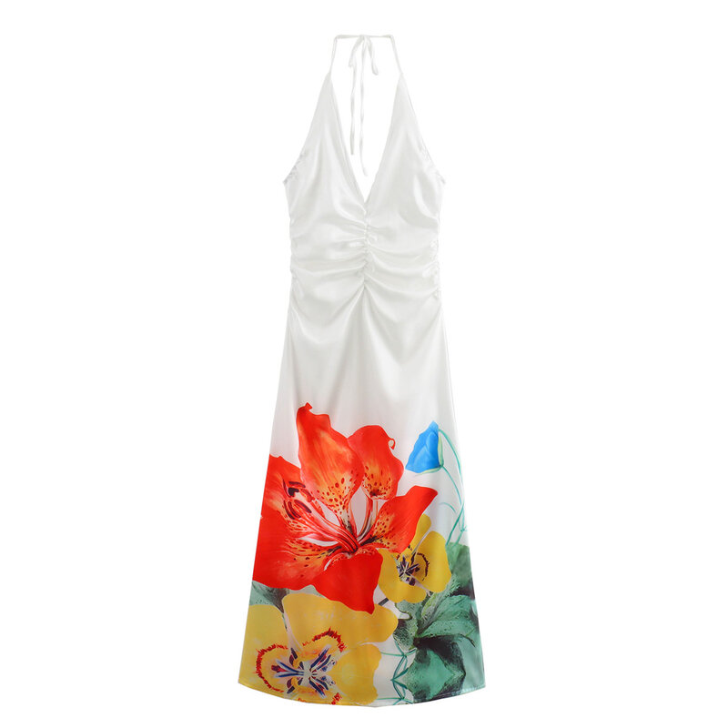 Vestido Midi plisado con estampado de flores para Mujer, vestido sin mangas con Retro Espalda descubierta, ajustado y a la moda, novedad
