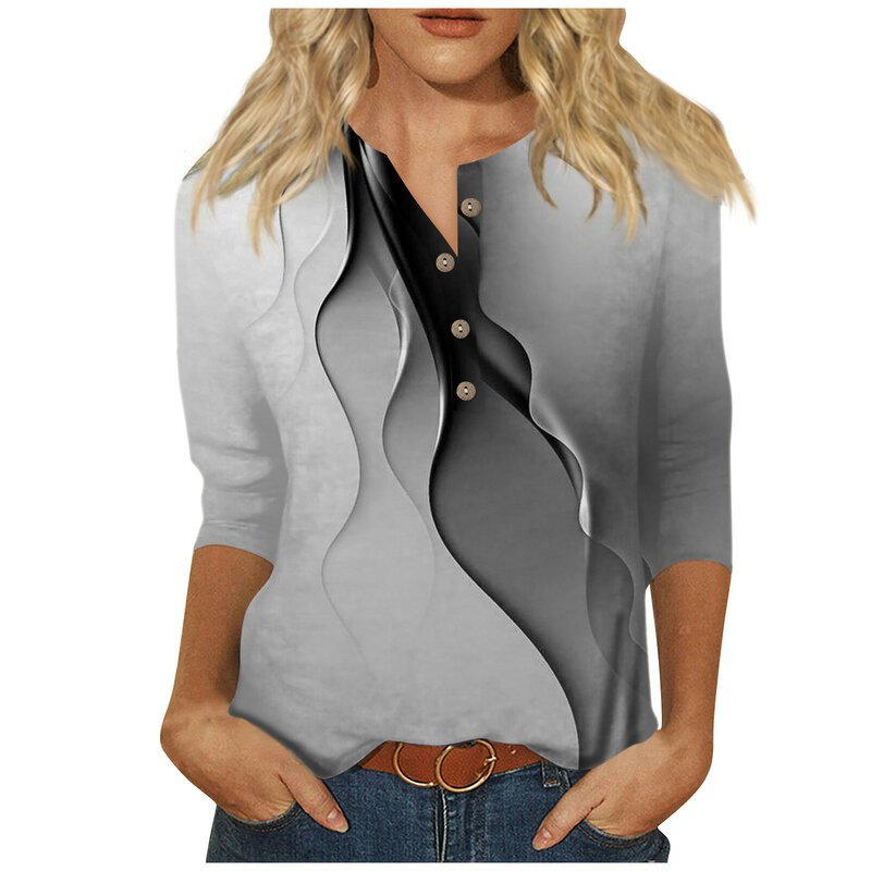 Camiseta con estampado Floral para Mujer, blusa informal delicada con cuello en V, botones, mangas 2024, Top para Mujer 3/4