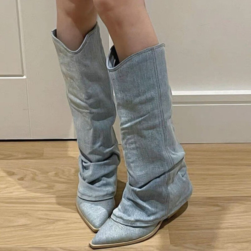 Plisowane niebieskie dżinsowe buty zakolanówki dla kobiet 2024 na wysokim obcasie ze spiczastym noskiem kowbojki kobiety wsuwane na długie buty Western