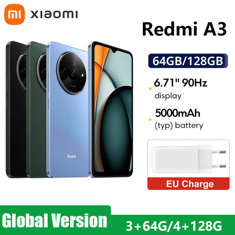 Xiaomi-Smartphone Redmi A3 4G, MediaTek, Helio, G36, Display Dot Drop de 6,71 ", 90Hz, 64GB, ROM de 128GB, Bateria 5000mAh, Versão Global