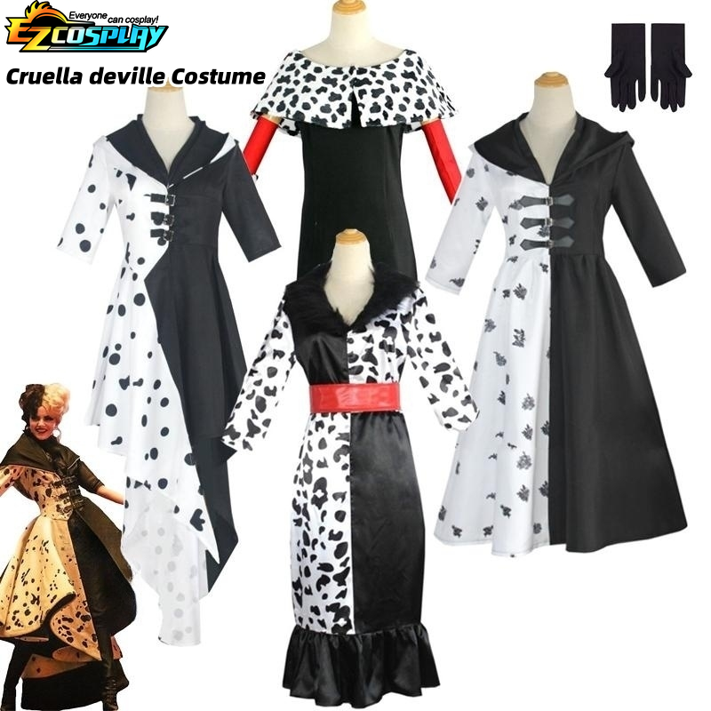 Cruella De Vil fantasia cosplay feminina, vestido preto e branco, vestido de empregada, roupas de festa de Halloween, 4 estilos