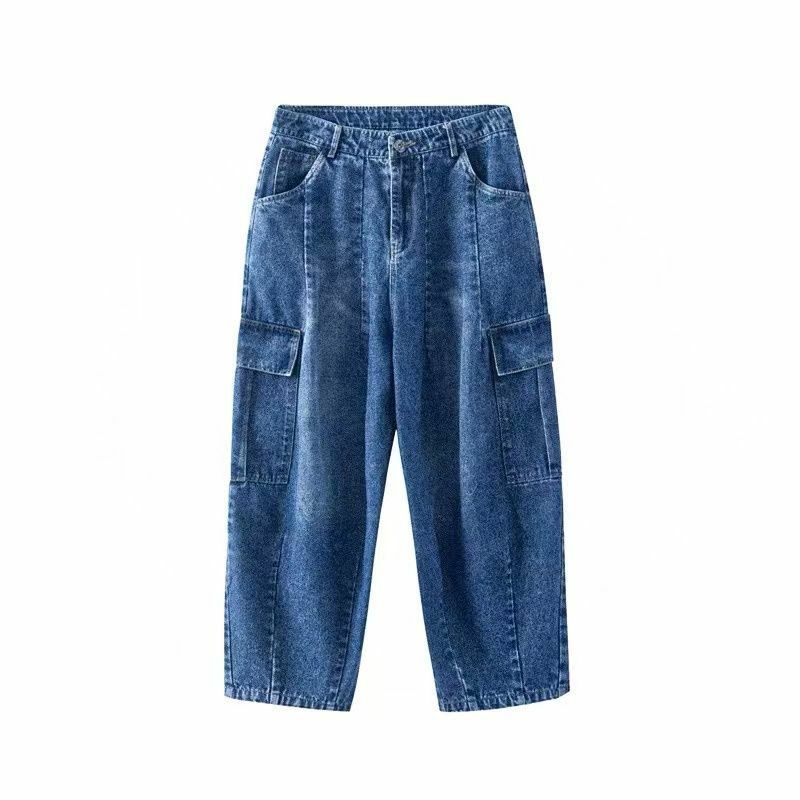 Jeans largos e largos casuais lavados para homens e mulheres, todos os macacões retos de hip hop, bolso grande, streetwear azul