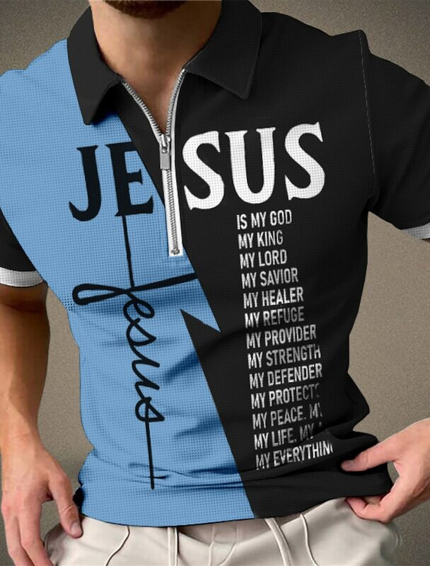 Camiseta de Golf con estampado 3D de Jesús para hombre, Polo clásico, informal, de manga corta, con cremallera