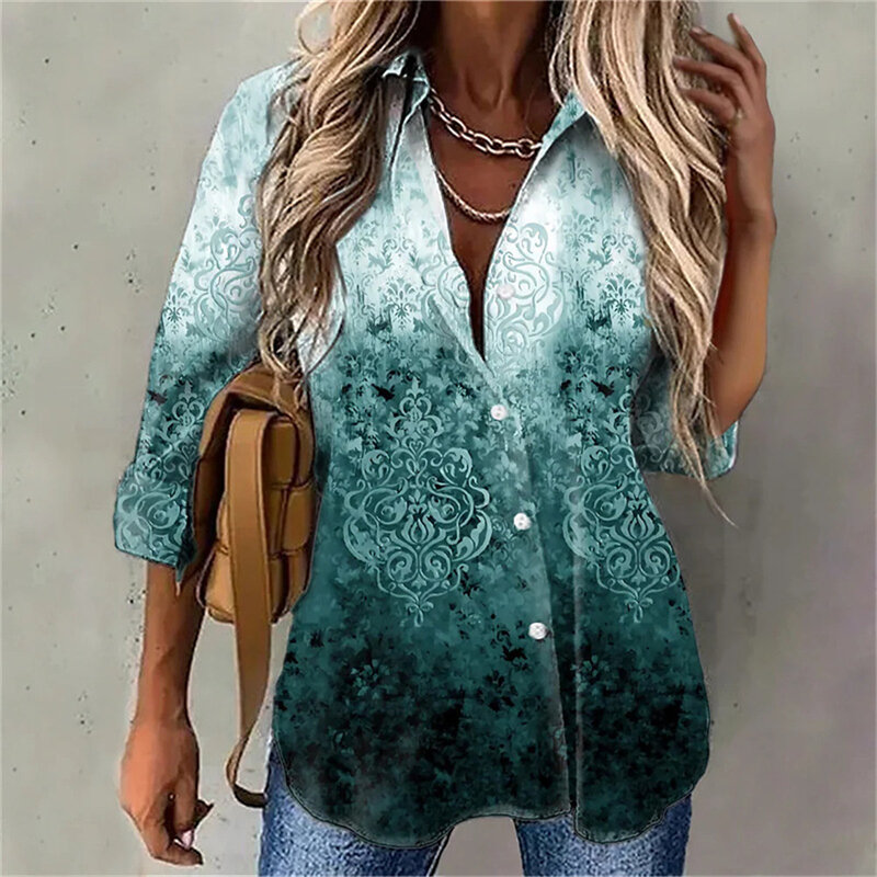 Spring Women Vintage 3D Tie Dye Floral Printed Long Sleeve Turndown Collar Buttons Shirt Ladies Fashion Casual Loose Blouse Tops