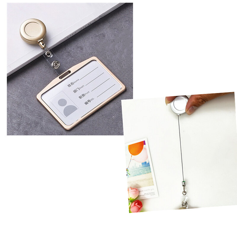 1 Set Aluminum Alloy Card Holder with ABS Retractable Badge Reel Pull ID Card Badge Holder Nurse Badge Lanyards School Supplies