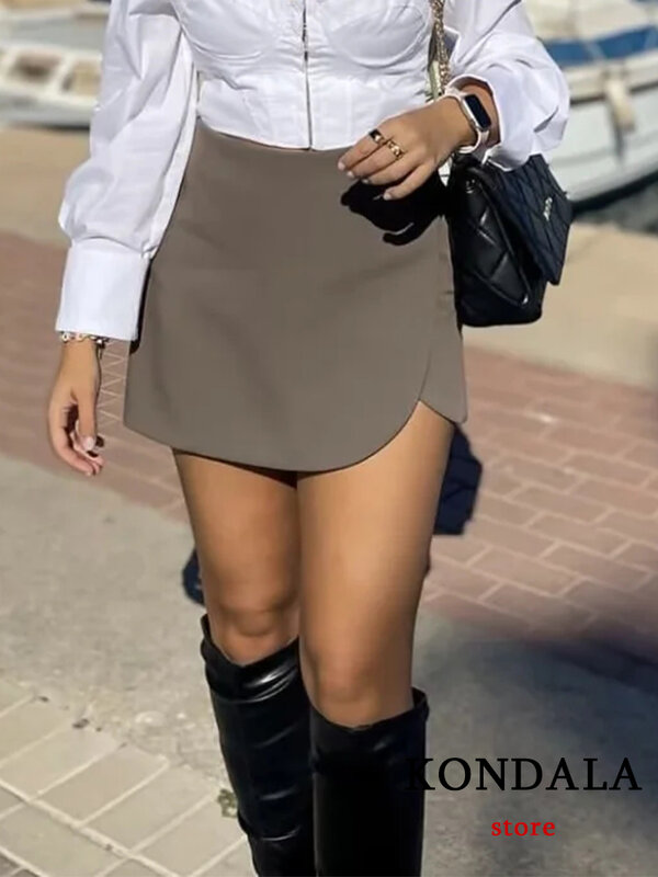 KONDALA-Mini jupes décontractées pour femmes, taille haute, poches arrière, jambes larges, fermeture éclair, mode féminine, 2024