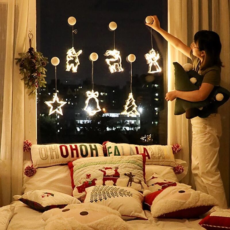 창의적인 LED 눈송이 별 산타 클로스 요정 스트링 조명, 배터리 구동 크리스마스 화환 빨판 조명, 새해 장식