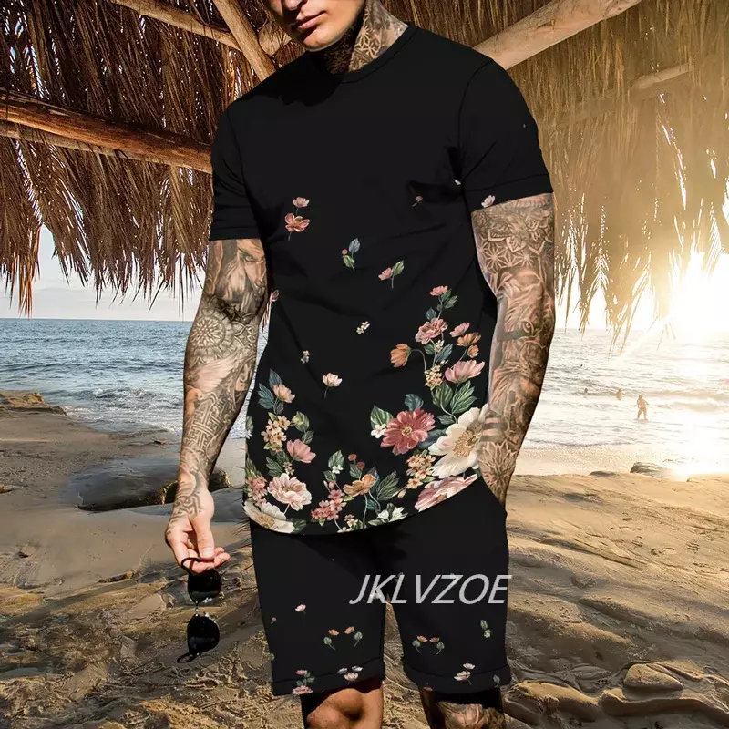 Setelan T-shirt lengan pendek + celana pendek pria, setelan pakaian olahraga pantai kasual ukuran besar bercetak 3D musim panas untuk pria
