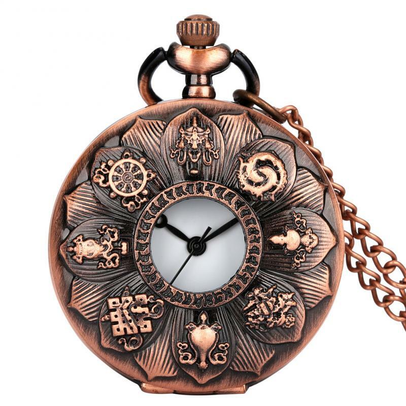 Vintage Rose Gold Steampunk Hollow Blooming Lotus Pattern Quartz Pocket Watch Necklace Chain Pendant Antique Clock for Men Women