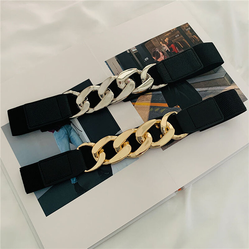 Cinturón de cadena de oro para mujer, faja elástica de alta calidad, de Metal plateado