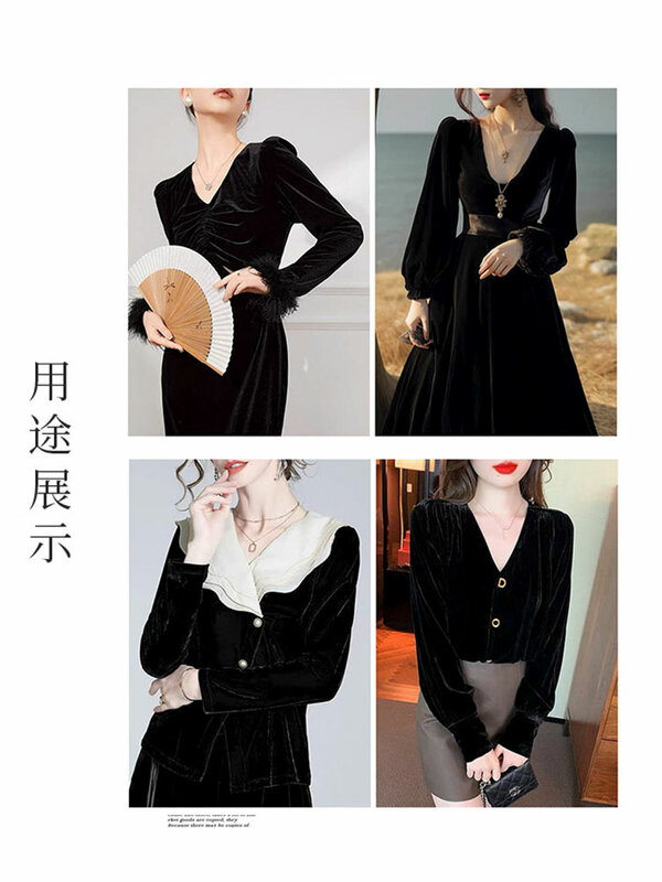 Spring, Autumn and Winter Black Fleece Three-Dimensional Velvet Fabric Elastic Soft Dress Cheongsam Gold