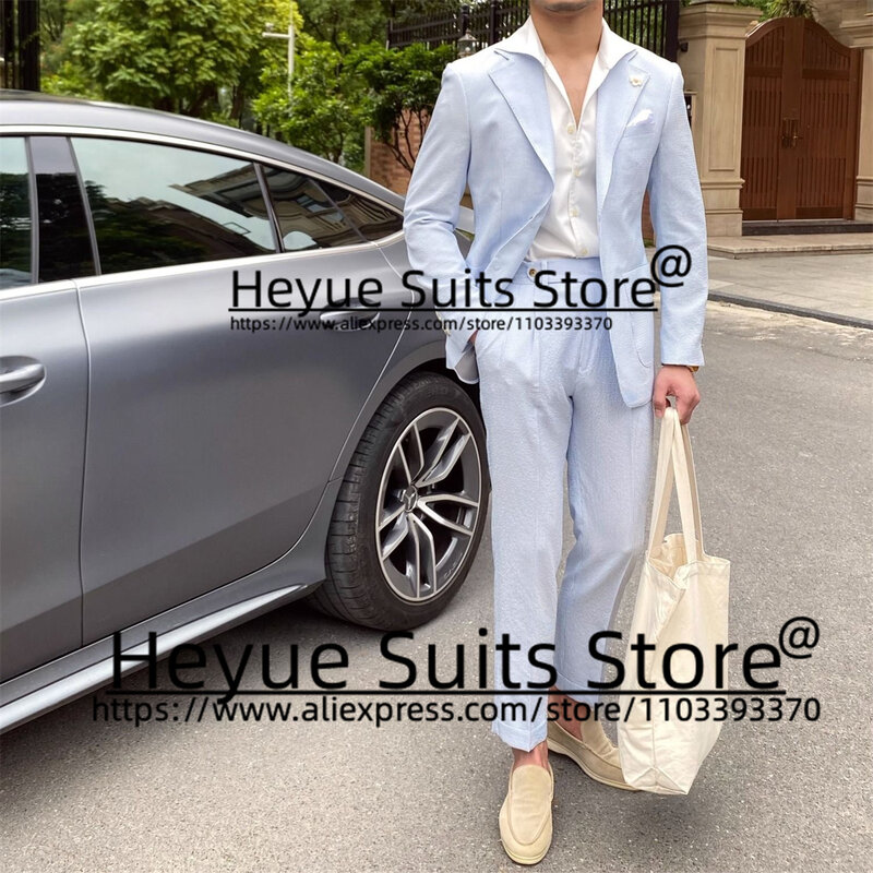 Casual Summer Cool Stripe Men Suits Tailor Made Slim Fit Fashion Groom Tuxedos Prom Party 2Pieces Sets terno masculinos completo