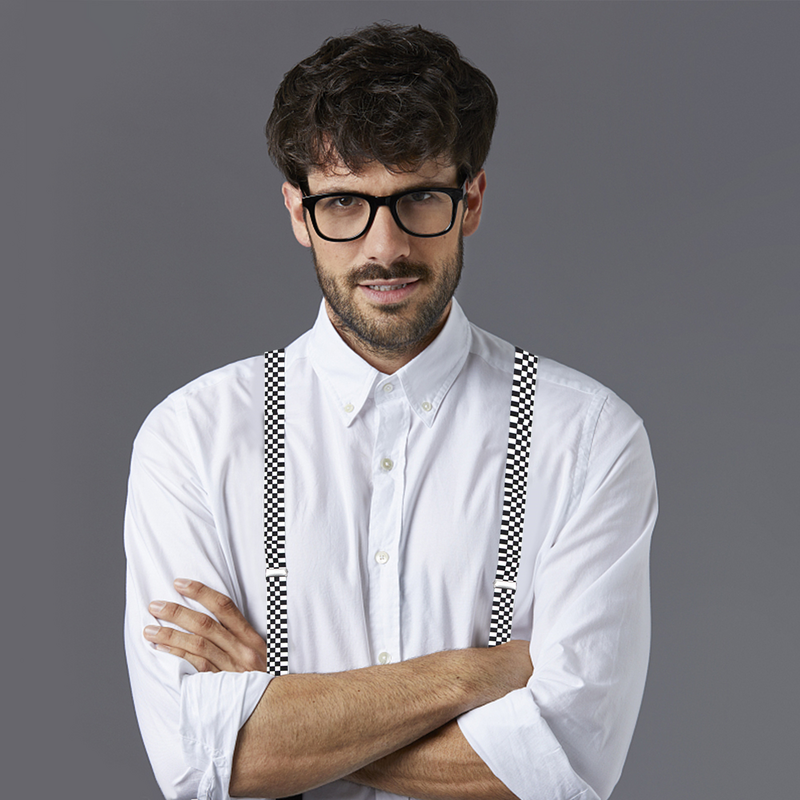 Checkered Clip-on Braces Elastic Clip-on Suspender (Black+White)
