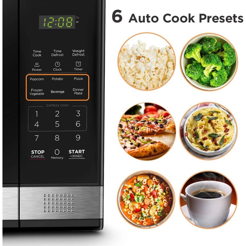 Digital Microwave Oven with Turntable Push-Button Door, Child Safety Lock, 1000W, 1.1cu.ft, Black & Stainless Steel, 1.1 Cu.ft