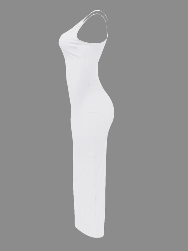 LW gaun kurus kerah U untuk wanita, Gaun panjang ramping warna polos Musim Panas 2024, gaun Maxi Bodycon lengan pendek, gaun pesta