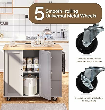 Kitchen Island on Wheels with Storage Cabinet & Foldable Drop Leaf, Rolling Kitchen Table, Cart Handle for Towel Rack, Drop Leaf