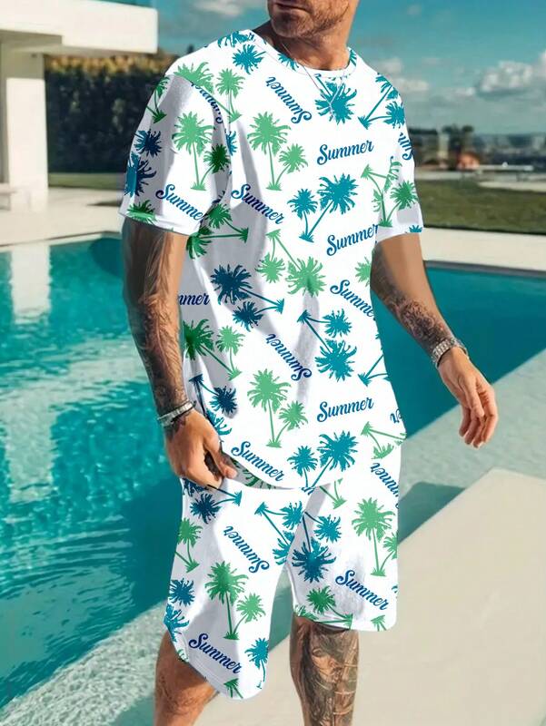 Мужской костюм для отпуска, Пляжная Повседневная футболка с коротким рукавом и шорты с пальмовым принтом, повседневный и удобный мужской костюм на лето