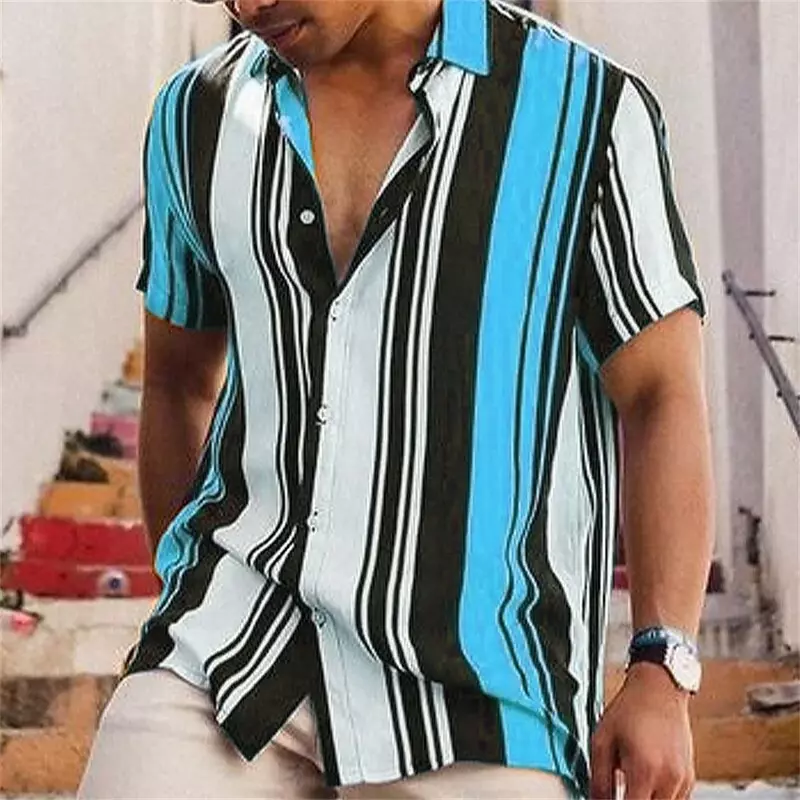 Camisa con estampado de patrón Vertical para hombre, ropa de tela cómoda de manga corta con cuello abatible y botones, moda urbana, verano, 2024