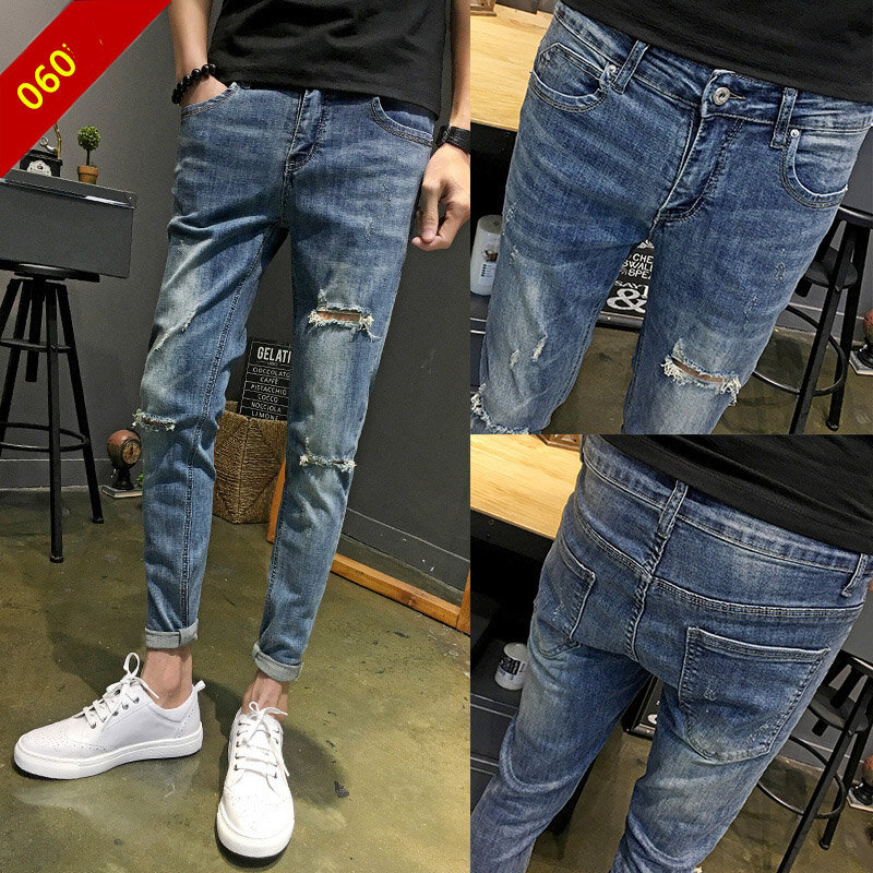 Wholesale 2022 Jeans Male Ripped Hole Spring Autumn Ankle Length Pants Teenagers Korean Slim Feet Skinny Jeans Men Pencil Pants