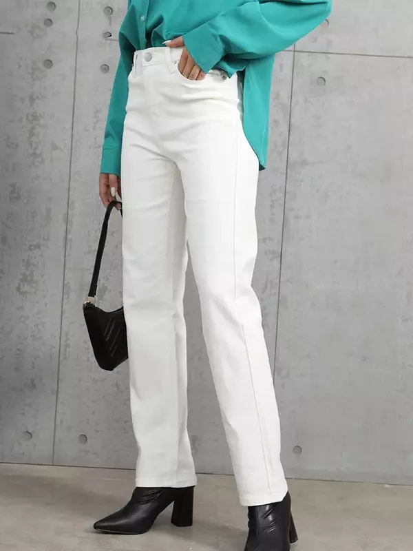 Celana jins kaki lurus wanita Korea, celana Denim wanita Retro putih elastis pinggang tinggi jalanan YK2 mode musim gugur
