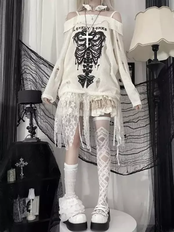 HOUZHOU Y2k pullover rajut Harajuku wanita mode Jepang seksi tengkorak bahu terbuka Punk sweter longgar lubang gadis
