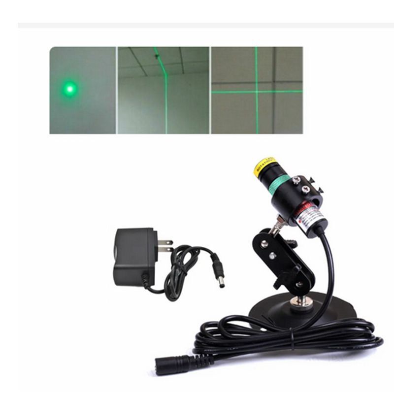Módulo ajustável do diodo laser com adaptador e suporte, ponto verde, linha, cruz, 5V, 520nm, 135mw, 18x65mm