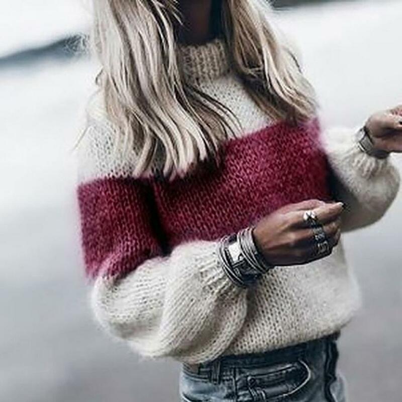 Женский пуловер с круглым вырезом, свободный Трикотажный Свитер с цветными вставками в стиле пэчворк, женская одежда на осень и зиму