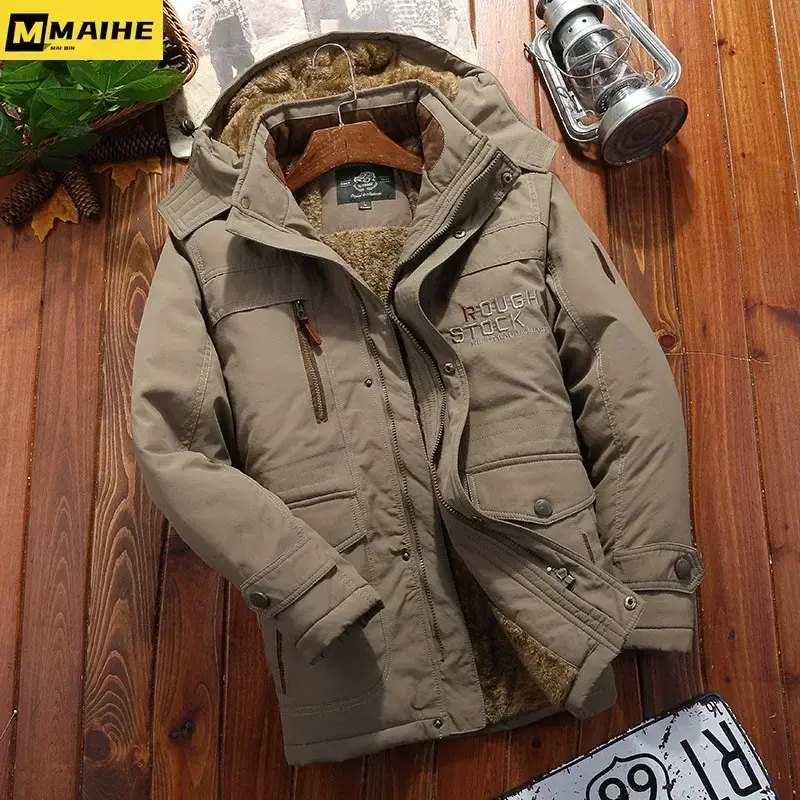 Зимняя мужская куртка 2024, Зимняя Толстая теплая парка с флисовой подкладкой, ветрозащитная тактическая Мужская куртка с капюшоном для кемпинга