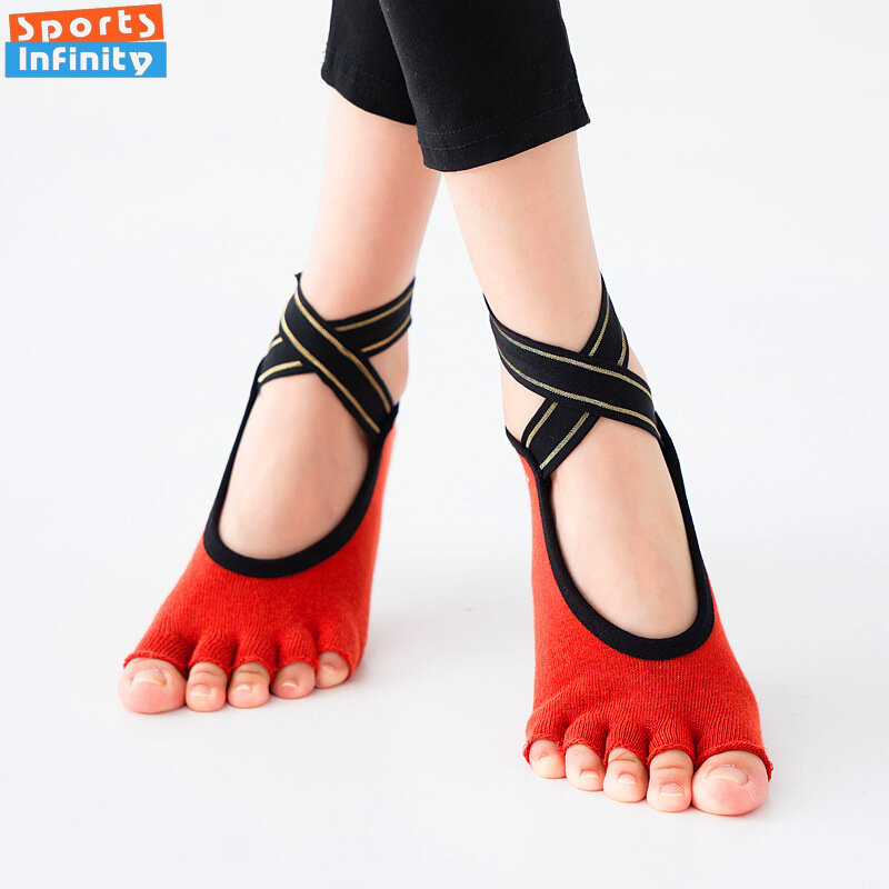 Пятипальцевые ремни с перекрестными ремешками для йоги, впитывающие пот силиконовые противоскользящие женские спортивные носки для пилатеса, балета, фитнеса