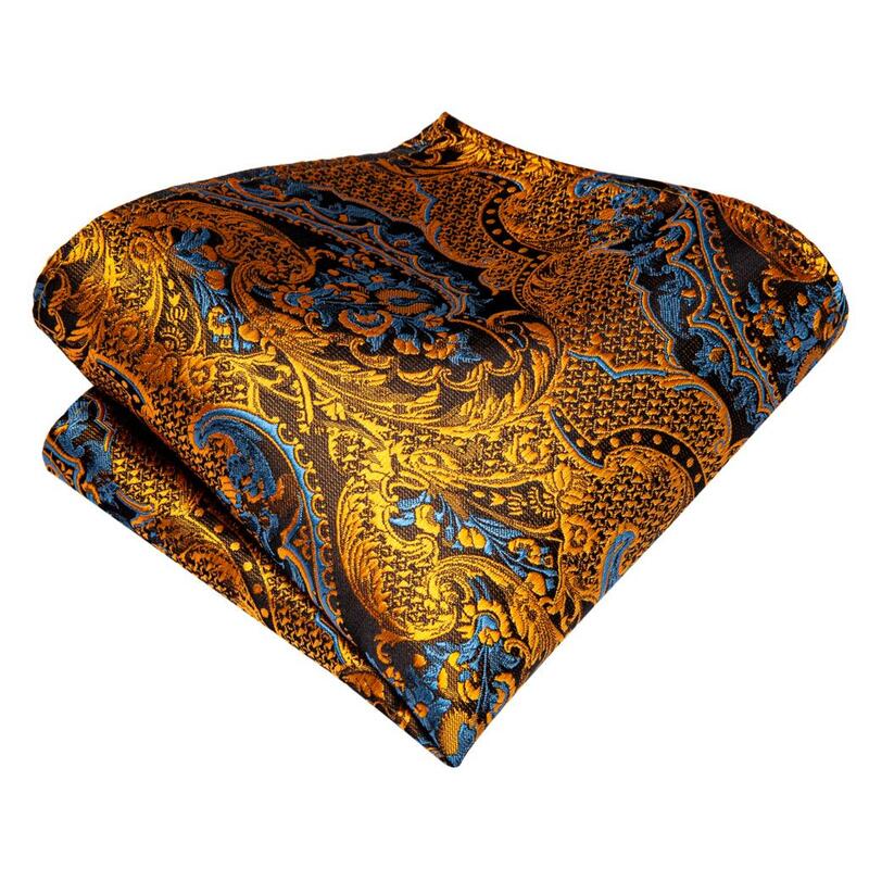 Hi-Tie – ensemble de boutons de manchette en soie pour homme, cravate de luxe, motif Floral, noir et or, avec poches carrées, pour fête de mariage, 100%