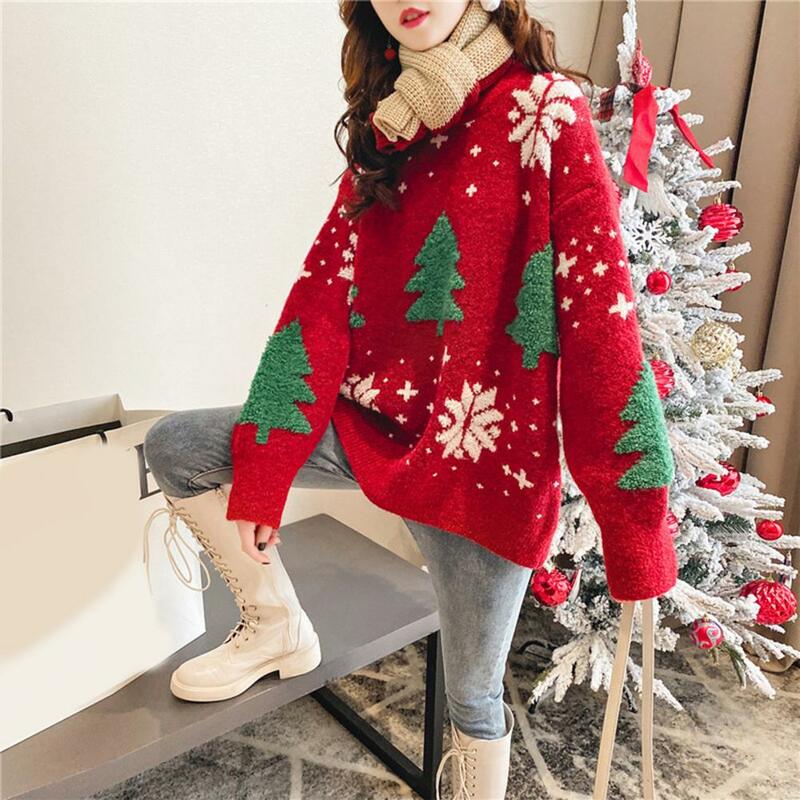 여성용 루즈핏 스웨터, 겨울 스웨터, 아늑한 크리스마스 스웨터, 두꺼운 라운드 넥, 축제 트리 프린트, 부드럽고 따뜻한, 신상