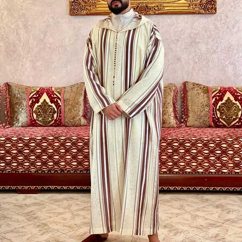 Abaya Jellaba untuk Pria Islam Kameez Thobe Baru Pria Arab Kemeja Bertudung Muslim Jubah Lengan Panjang Galabia Musumne Boubou Man Qamis
