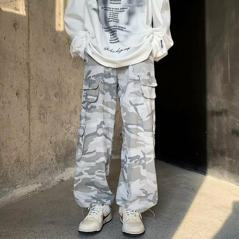 Men's casual pants gray camouflage tooling men's summer American high street hip-hop style wide-leg straight ins trend overalls