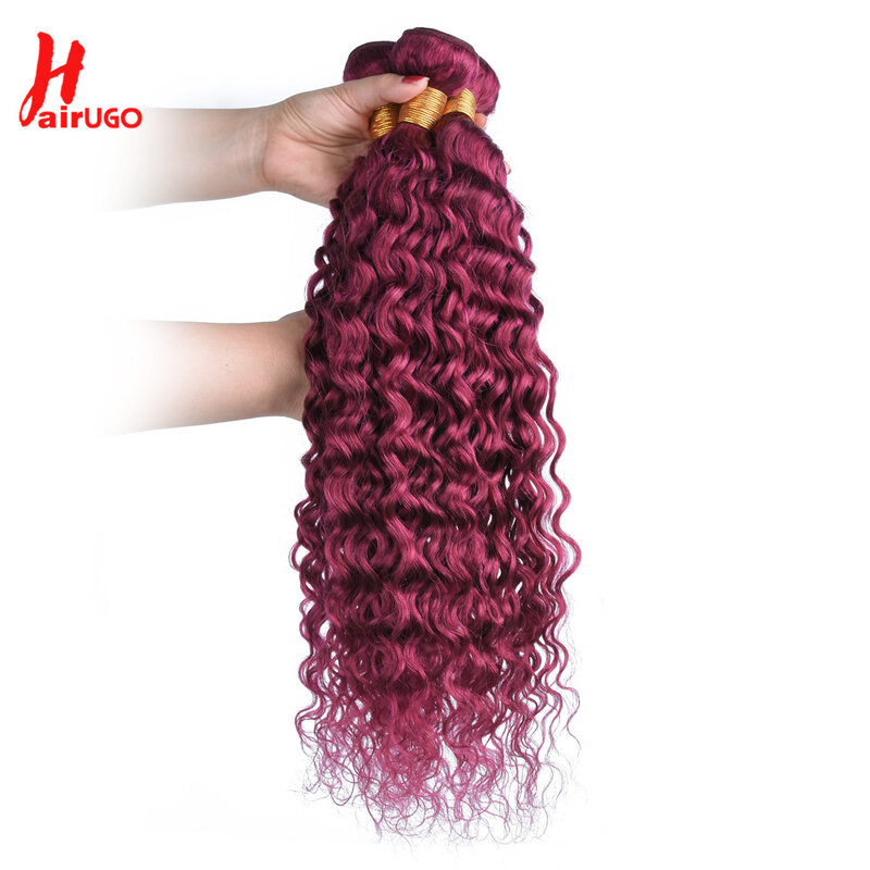 HairUGo-mechones de pelo brasileño ondulado al agua, extensiones de cabello humano Remy, 1/3/4 Borgoña, tejido