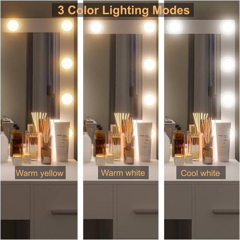 Tocador Irontar con espejo iluminado, mesa de maquillaje, 3 modos de iluminación de Color, brillo ajustable, tocador