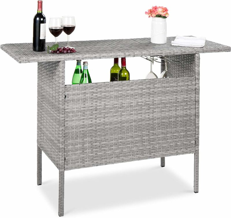 Outdoor Patio Wicker Bar Counter Table Backyard Furniture w/ 2 Steel Shelves and 2 Sets of Rails