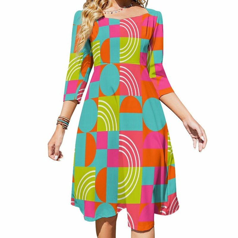 Helle Farbe Block Freizeit kleid weibliche geometrische stilvolle Kleider sexy elegante Kleid Muster Vestido große Größe