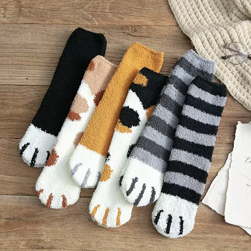 Calcetines elásticos de dibujos animados para niña, medias gruesas de lana de Coral, con pata de gato, Harajuku, para Otoño e Invierno