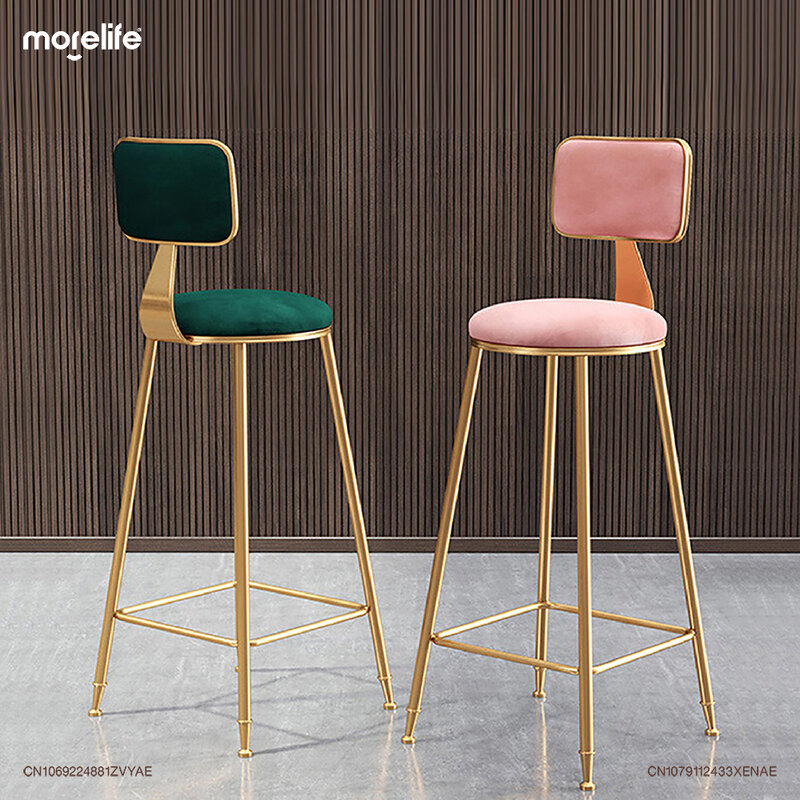 Nordic Golden Leg Velvet Cloth Bar Cadeiras, tamborete moderno minimalista, mesa de ilha de restaurante, cadeira de encosto