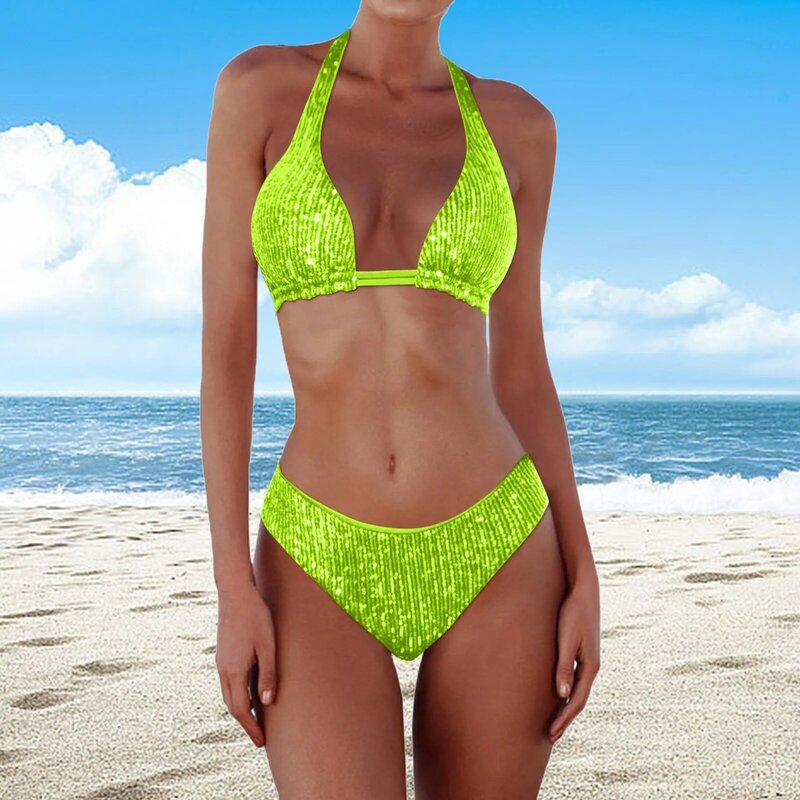 Damski cekinowy Bikini 2024 nowy damski dwuczęściowy strój kąpielowy seksowny trójkątny strój kąpielowy Bikini jednolity kolor na szyję kostium kąpielowy