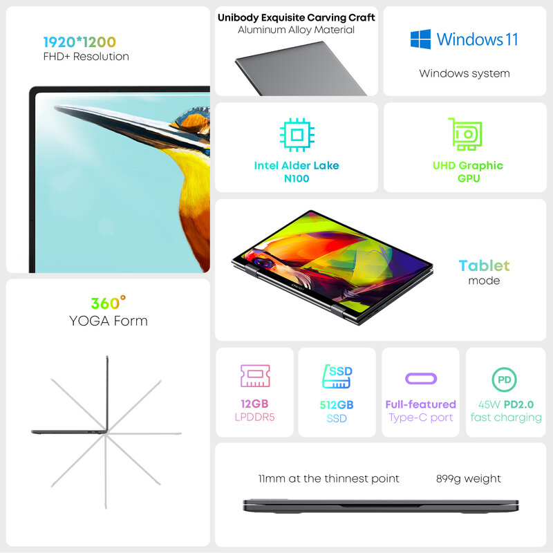Chuwi minibook x 2-in-1 tablet laptop 10,51 zoll touchscreen 12gb lpddr5 512g ssd intel n100 hintergrund beleuchtete tastatur fenster 11 wifi 6