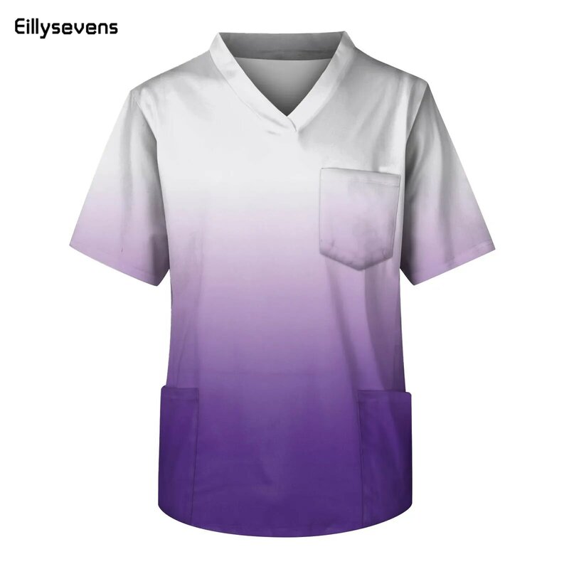 Camiseta de manga corta para hombre, camisa con cuello en V, estampado degradado, bolsillo en el pecho, ropa de clínica sanitaria, uniforme de enfermería, camisetas de gran tamaño de verano