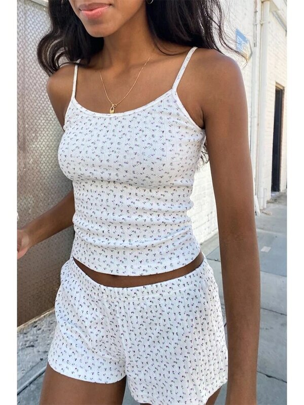 Floral Print Bow Short Sets Summer Sweet Lace Trim Camis Tops And Shorts Two Piece Set For Women Casual Cute Vintage Outfits