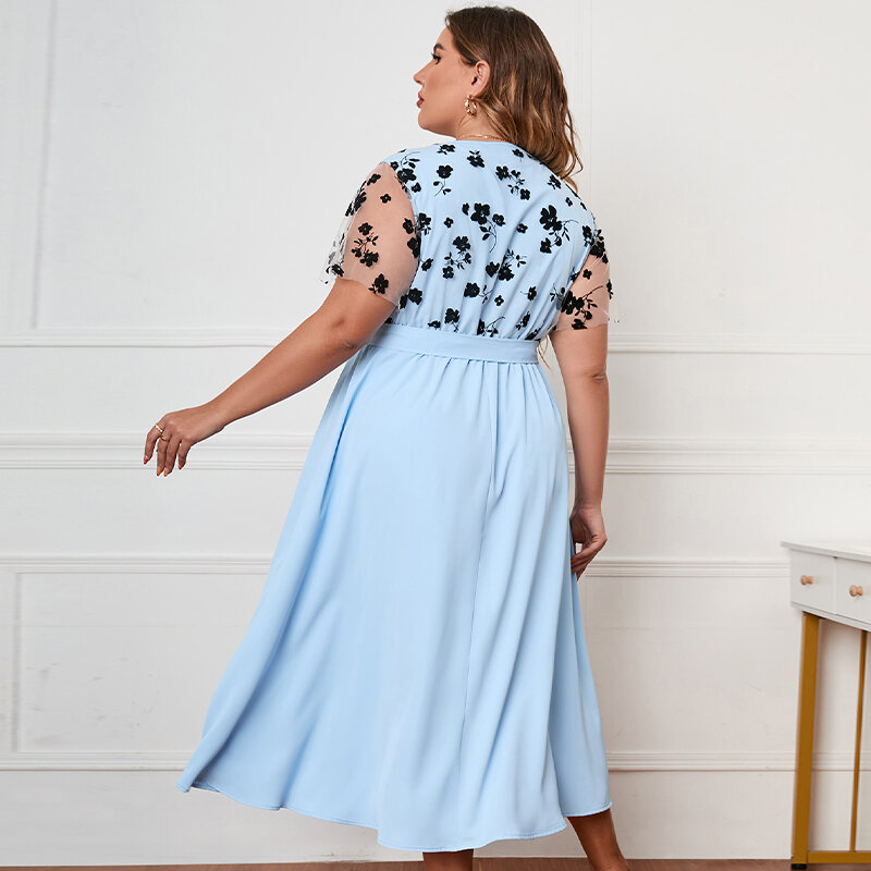 Della Mel Plus rozmiar odzież damska koronkowa sukienka z długimi rękawami lato dekolt w paski niebieskie przyjęcie Lady duże rozmiary Maxi sukienki 3XL 4XL