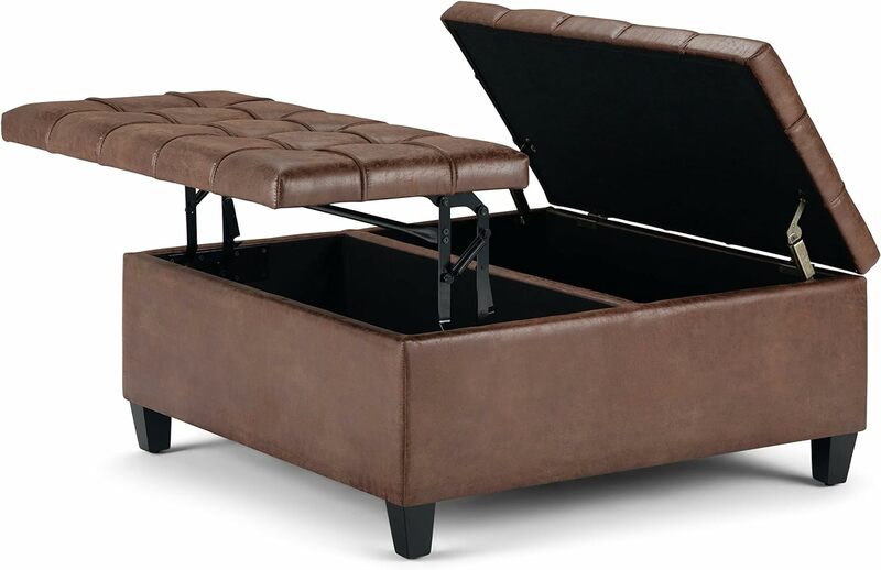 36-дюймовый широкий квадратный подъемный кофейный столик, искусственная кожа с мягкой обивкой янтарно-коричневой стеганной поверхностью