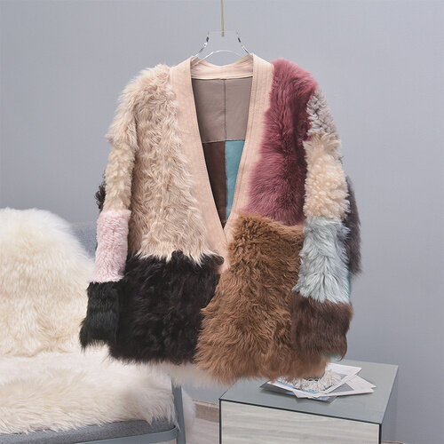 Winter Coats Tuscan Wool Women's Fur Coat Women Clothes Contrast Color Fashion Warm Female Fur Jacket Casaco Feminino Lq