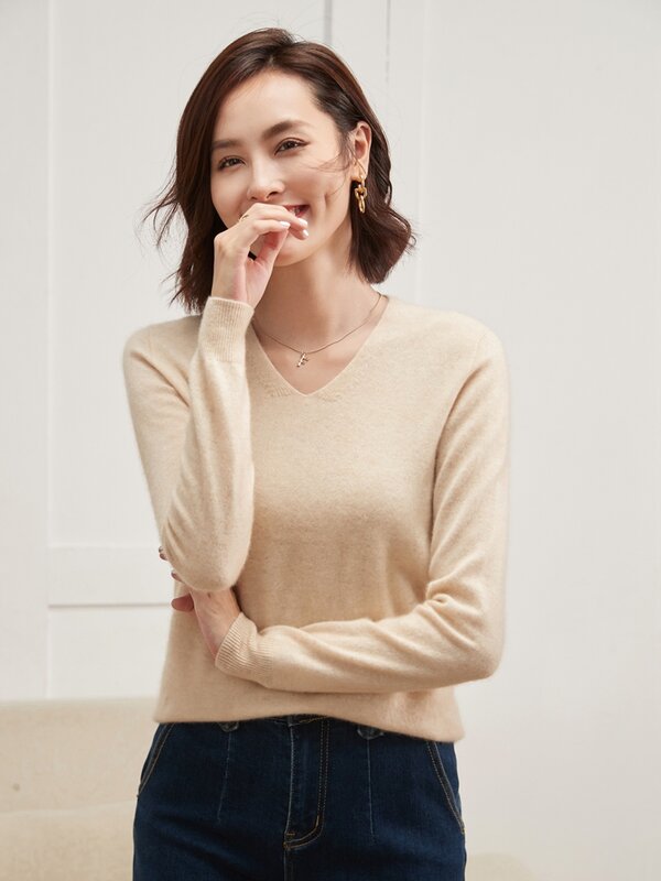 New Women 100% Cashmere Knitted Sweater Spring Autumn Warm Soft V-neck Pullover Long Sleeve Solid Jumper Female Clothing Tops