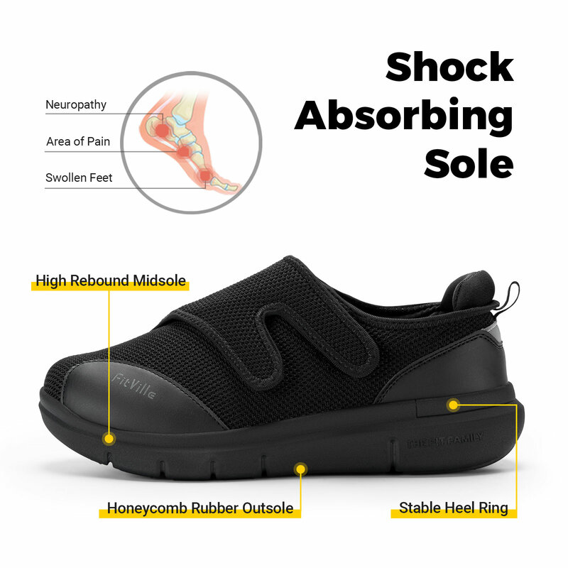 FitVille-Chaussures de marche décontractées pour hommes diabétiques, extra larges, pieds enflés, orth4WD, réglables, soutien de la voûte plantaire, baume, amorti